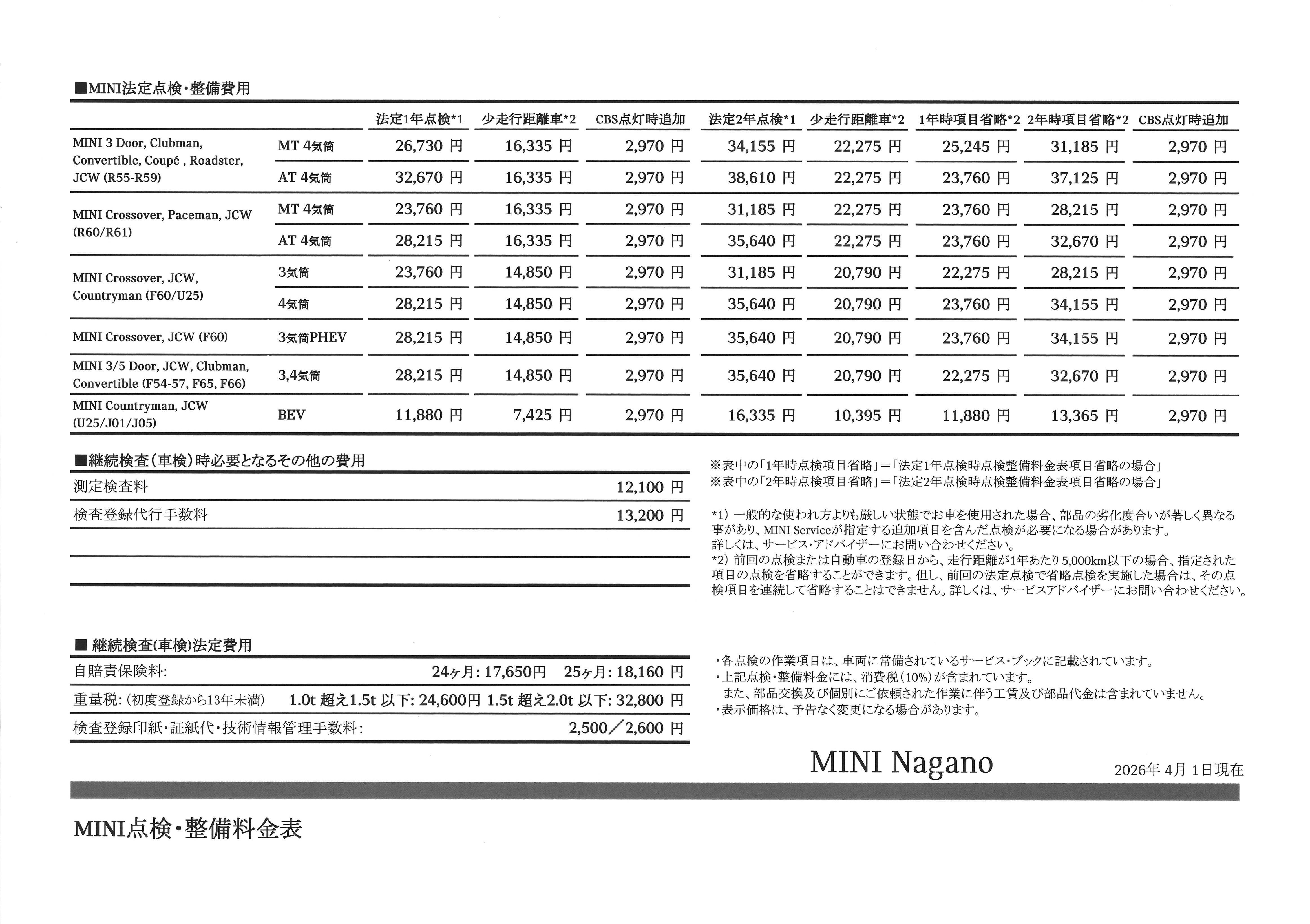 点検整備料金表 | MINI 長野 / MINI NEXT 長野
